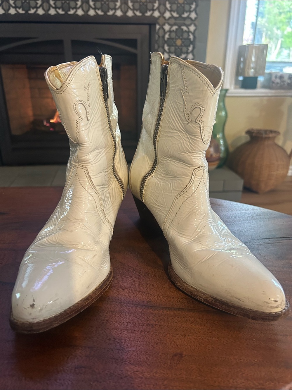 Free People Cream Patent Leather Ankle Cowboy Booties with Side Zipper